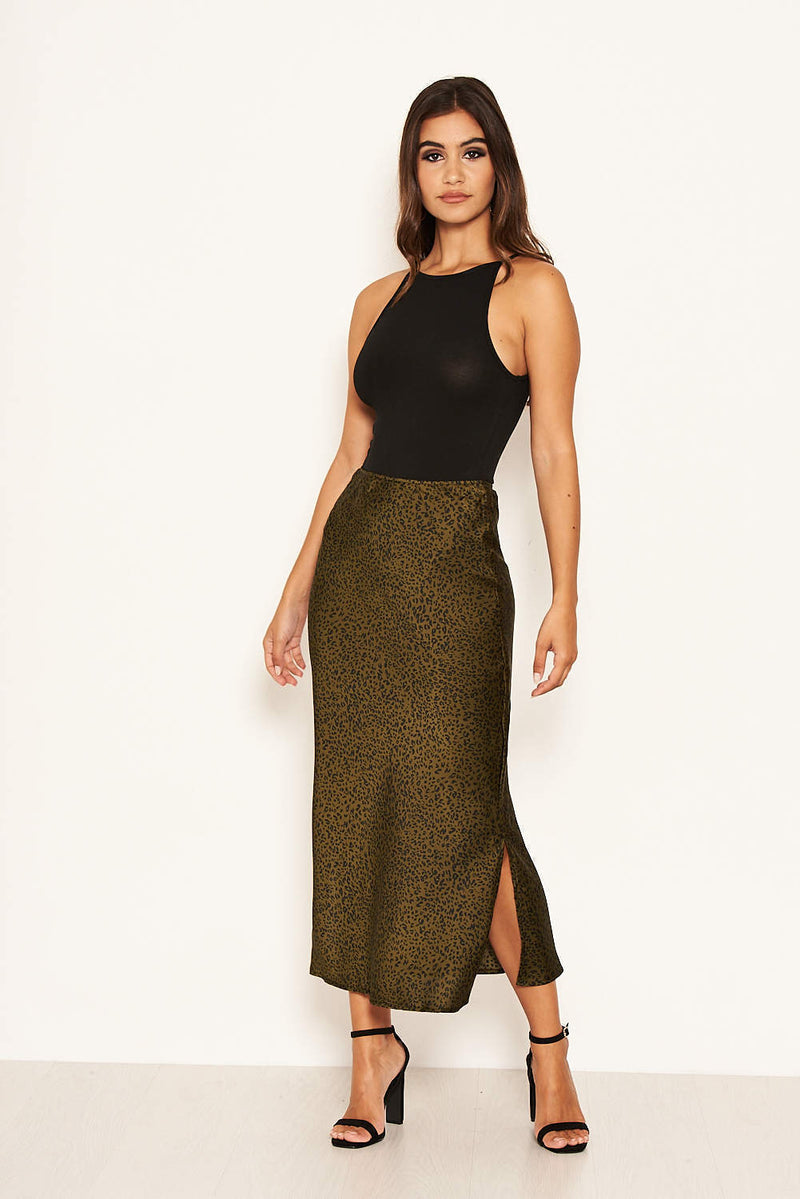 Khaki Animal Print Midi Skirt