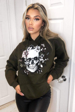 Khaki Skull Printed Hoodie