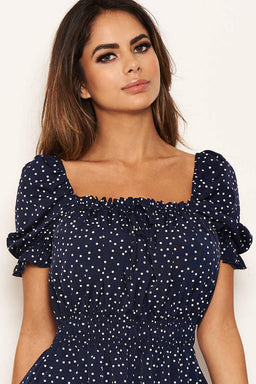 Navy Polka Dot Square Neck Swing Dress