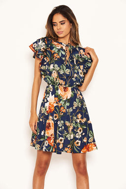 Navy Floral Frill Skater Dress