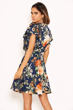 Navy Floral Frill Skater Dress