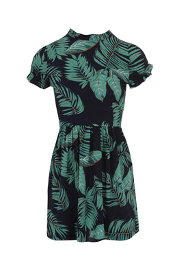 Navy Leaf Printed Mini Dress