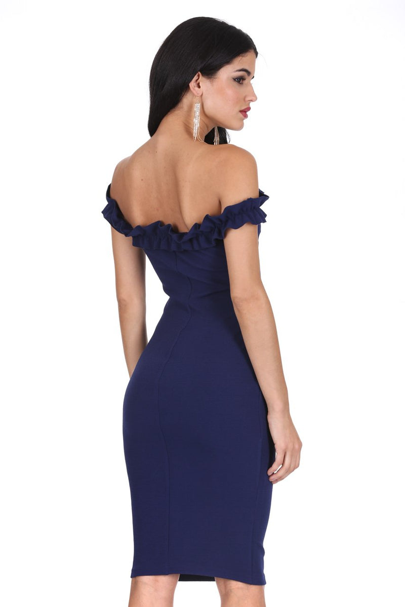 Navy Ruffle Bardot Midi Dress