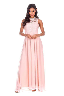Nude High Neck Crochet Maxi Dress