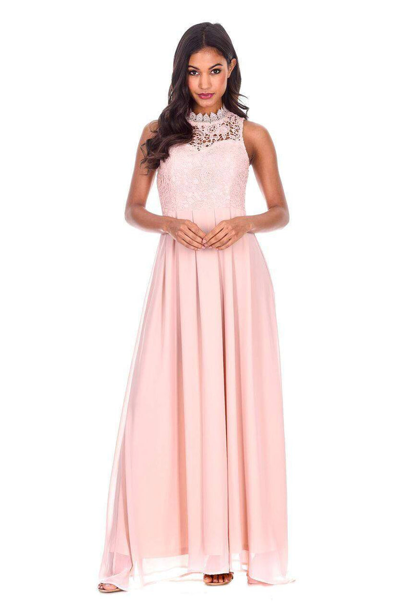 Nude High Neck Crochet Maxi Dress
