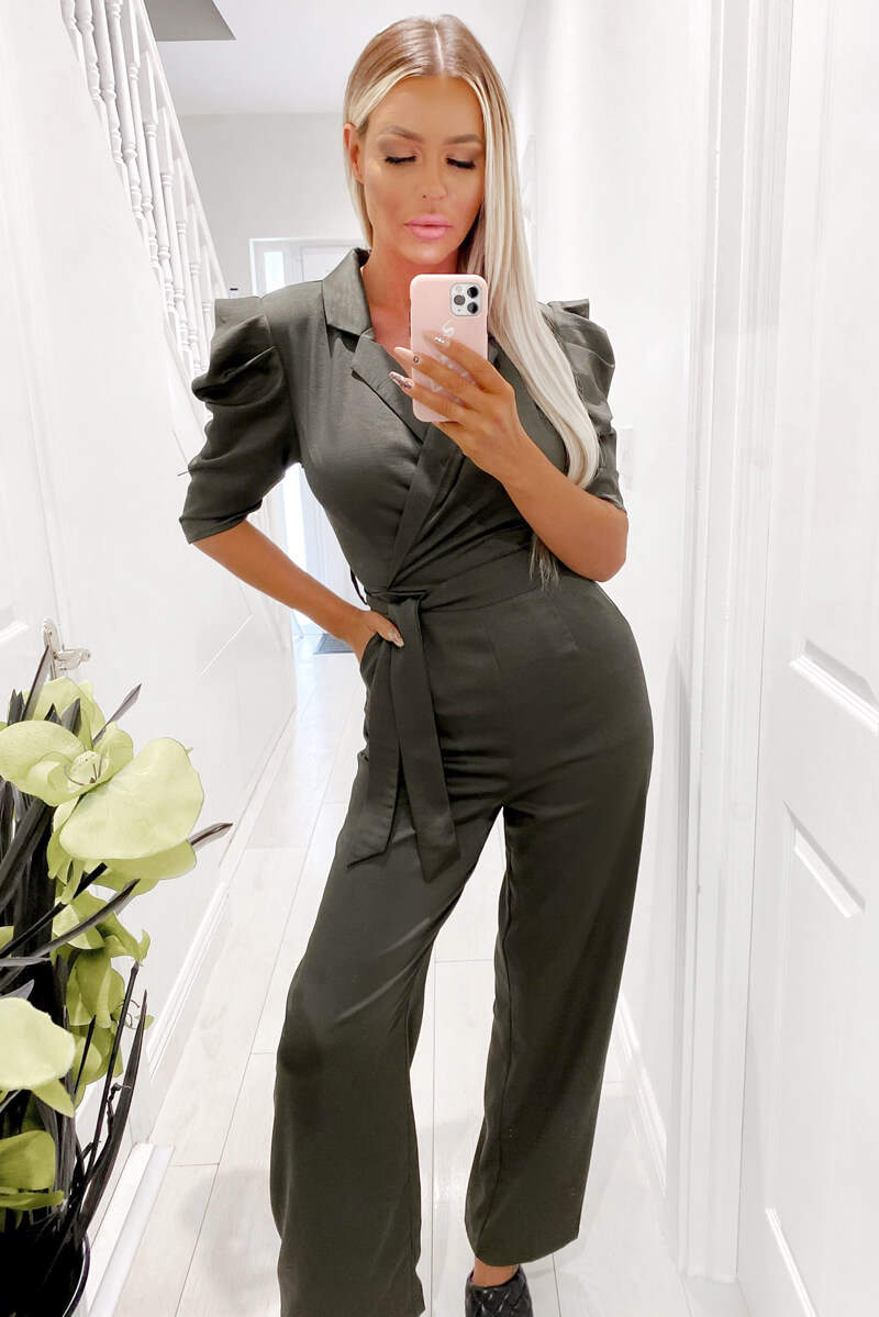 Olive Tie Waist Flared Leg Jumpsuit
