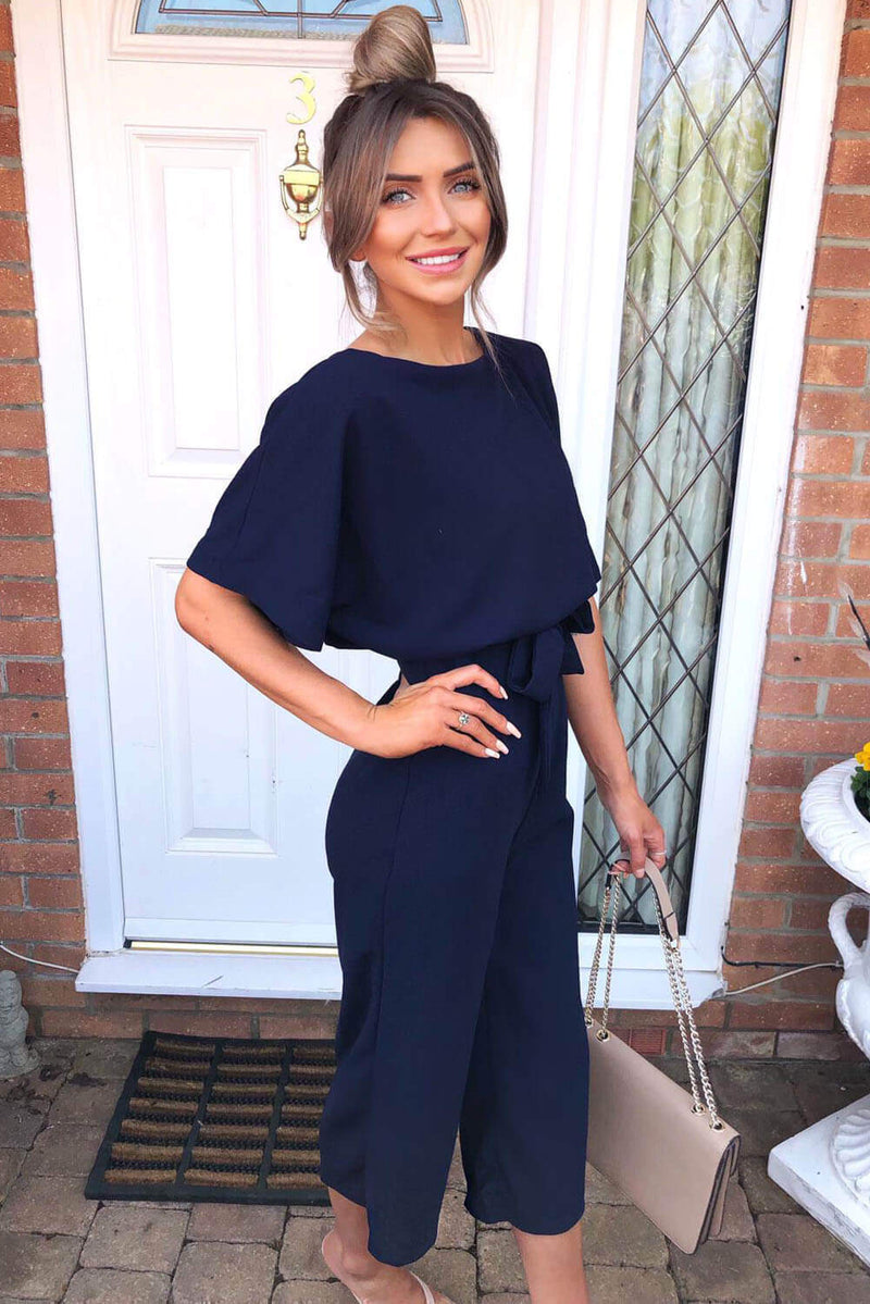 Navy Tie Waist Culotte Jumpsuit