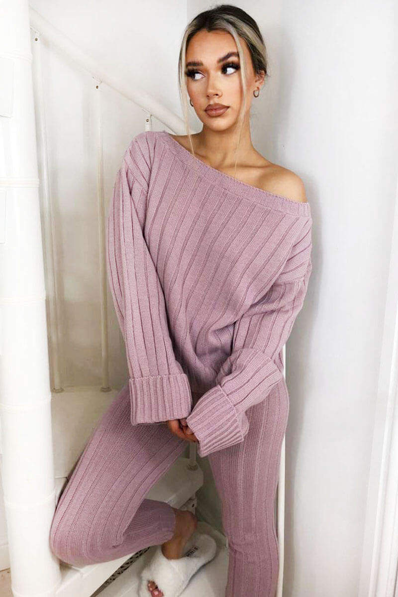 Pink Chunky Knit Slash Neck Lounge Set