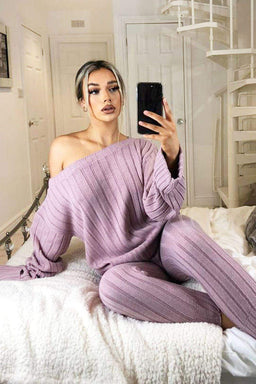 Pink Chunky Knit Slash Neck Lounge Set