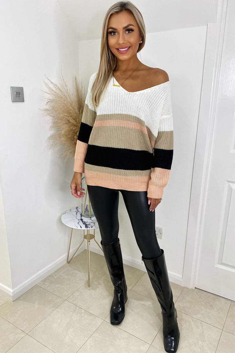 Pink V Front Colour Block Striped Knitted Jumper