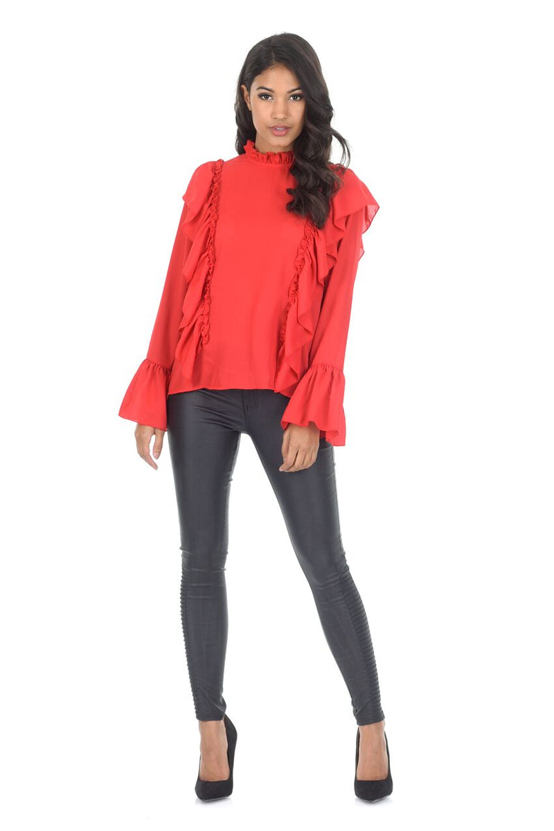 Red Frill Long Sleeved Top