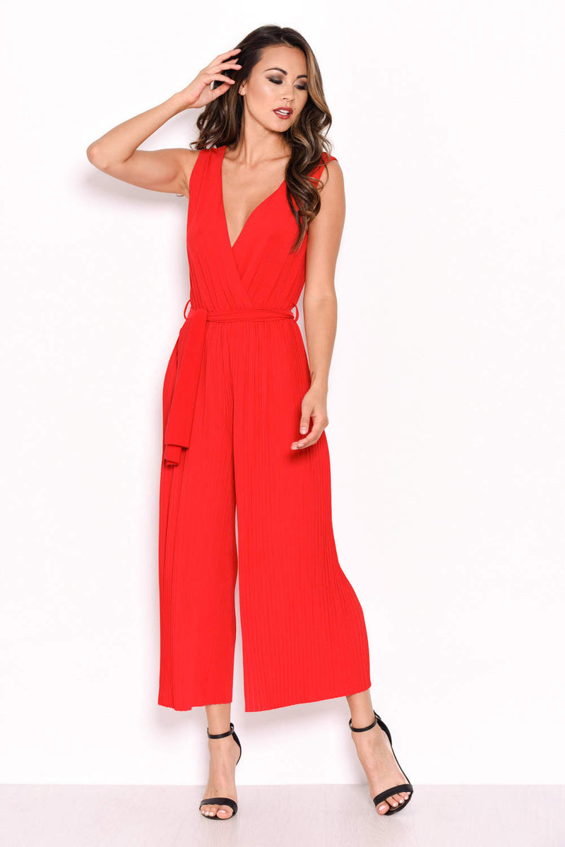 Red Culotte Pleated Tie-Waist Jumpsuit