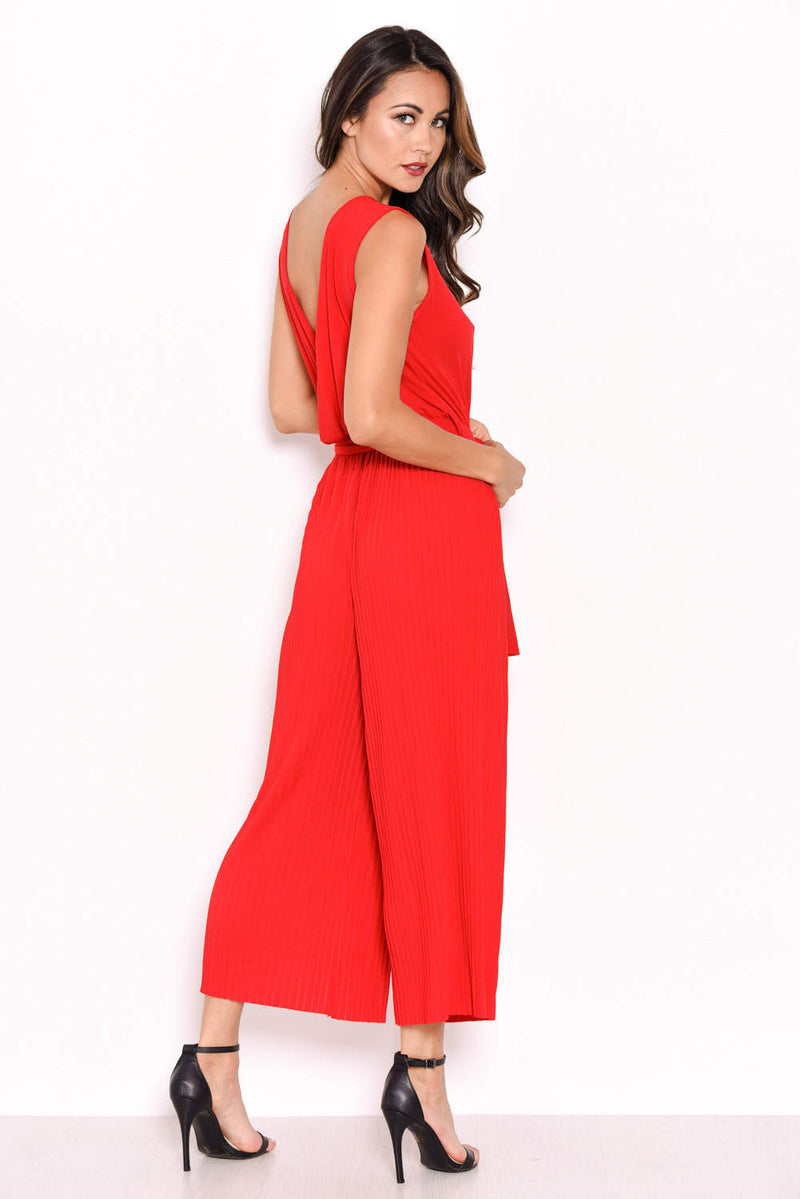 Red Culotte Pleated Tie-Waist Jumpsuit