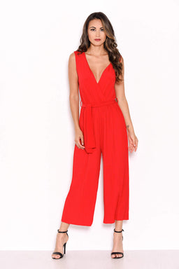 Red Culotte Pleated Tie-Waist Jumpsuit
