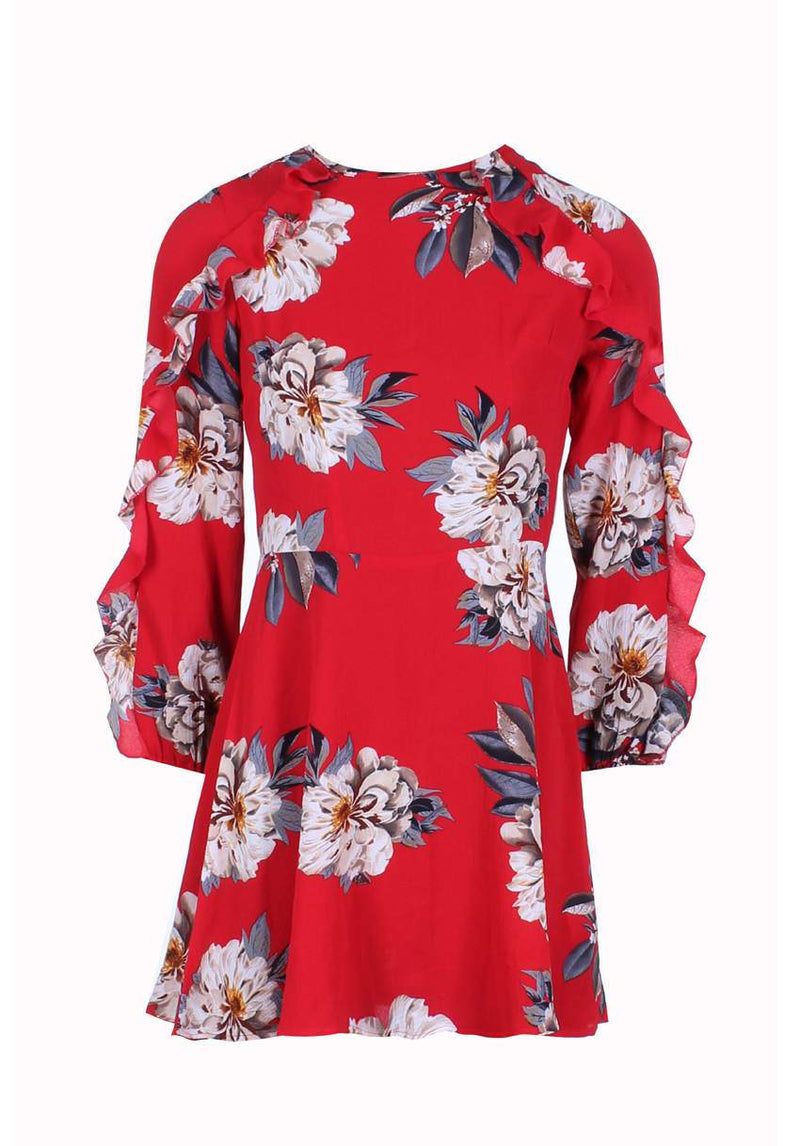 Red Floral Skater Dress With Frill Detail