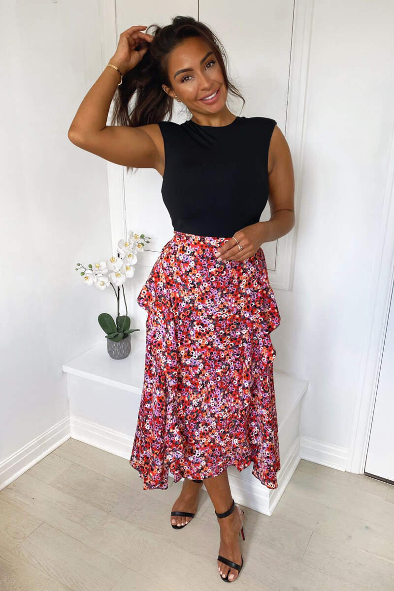 Red Printed Skirt 2 in 1 Midi Dress