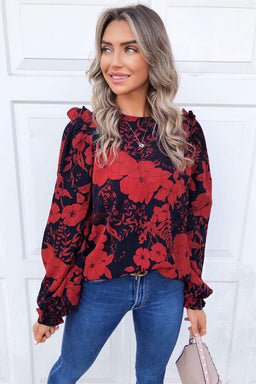 Red Floral Frill Shoulder Blouse