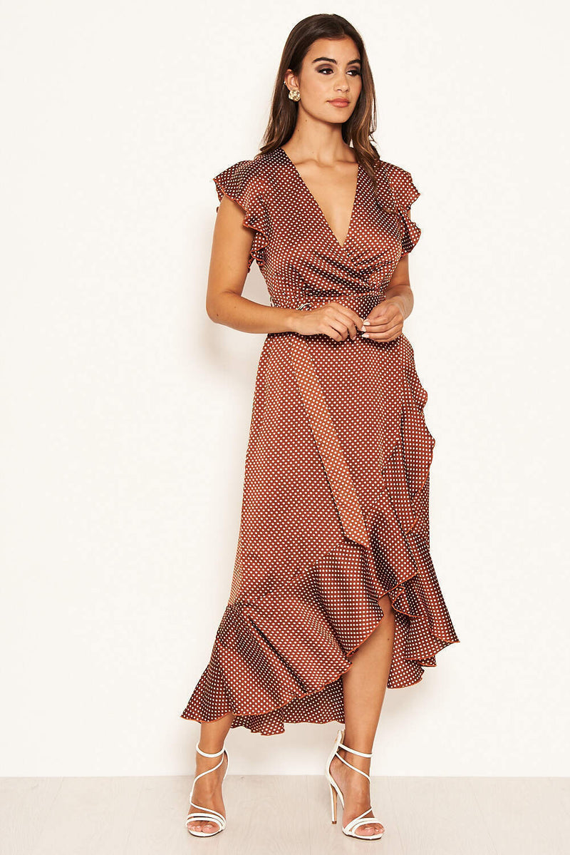 Rust Polka Dot D-Ring Wrap Midi Dress