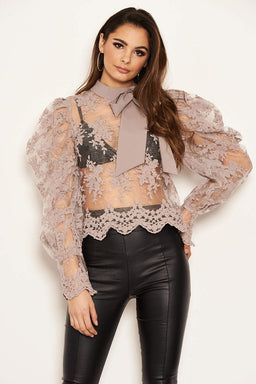 Silver Embroidered Puff Sleeve Tie Neck Top