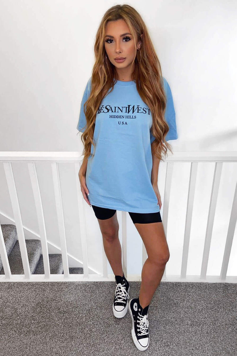 Sky Blue Slogan Printed Oversized Tee