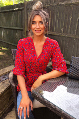 Red Floral Wrap Top