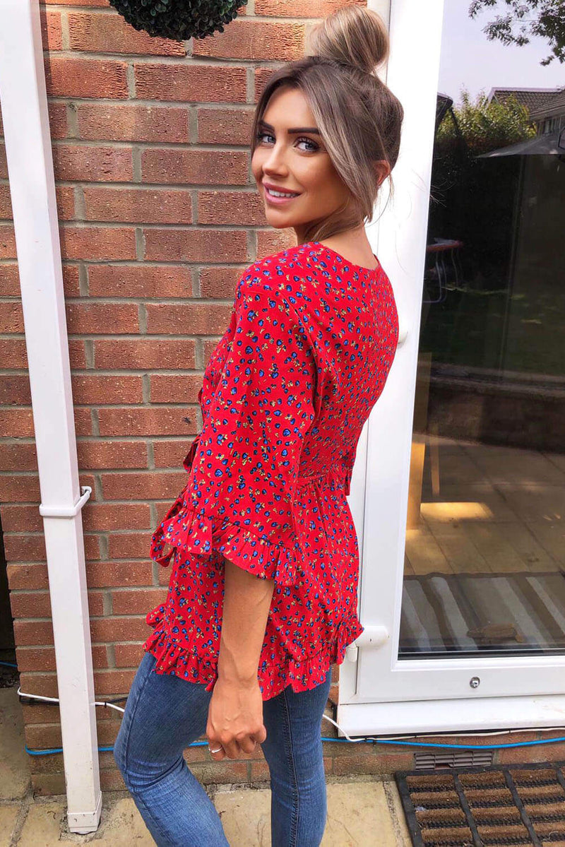 Red Floral Wrap Top
