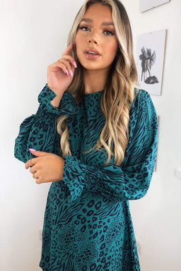 Teal Animal Printed Elastic Cuff Dress