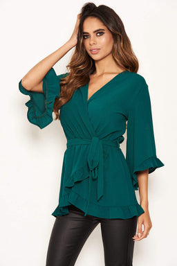 Teal Frill Wrap Top