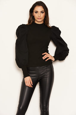 Black Poplin Sleeve Knitted Top
