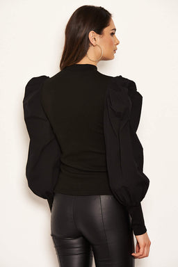 Black Poplin Sleeve Knitted Top