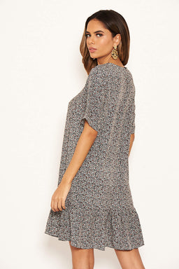 Black Floral Frill Hem Shift Dress