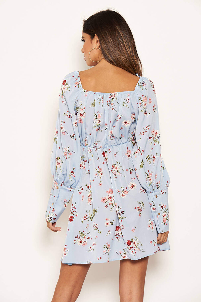 Blue Floral Print Tie Neckline Long Sleeve Dress