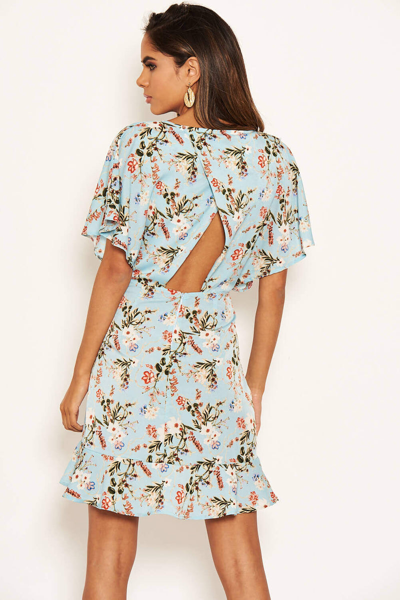 Blue Floral Print Cross Back Dress