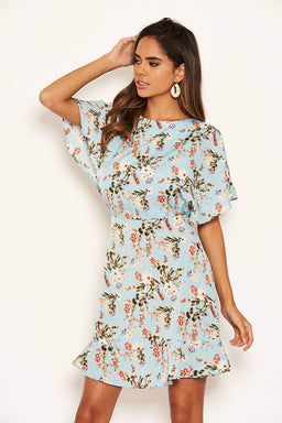 Blue Floral Print Cross Back Dress