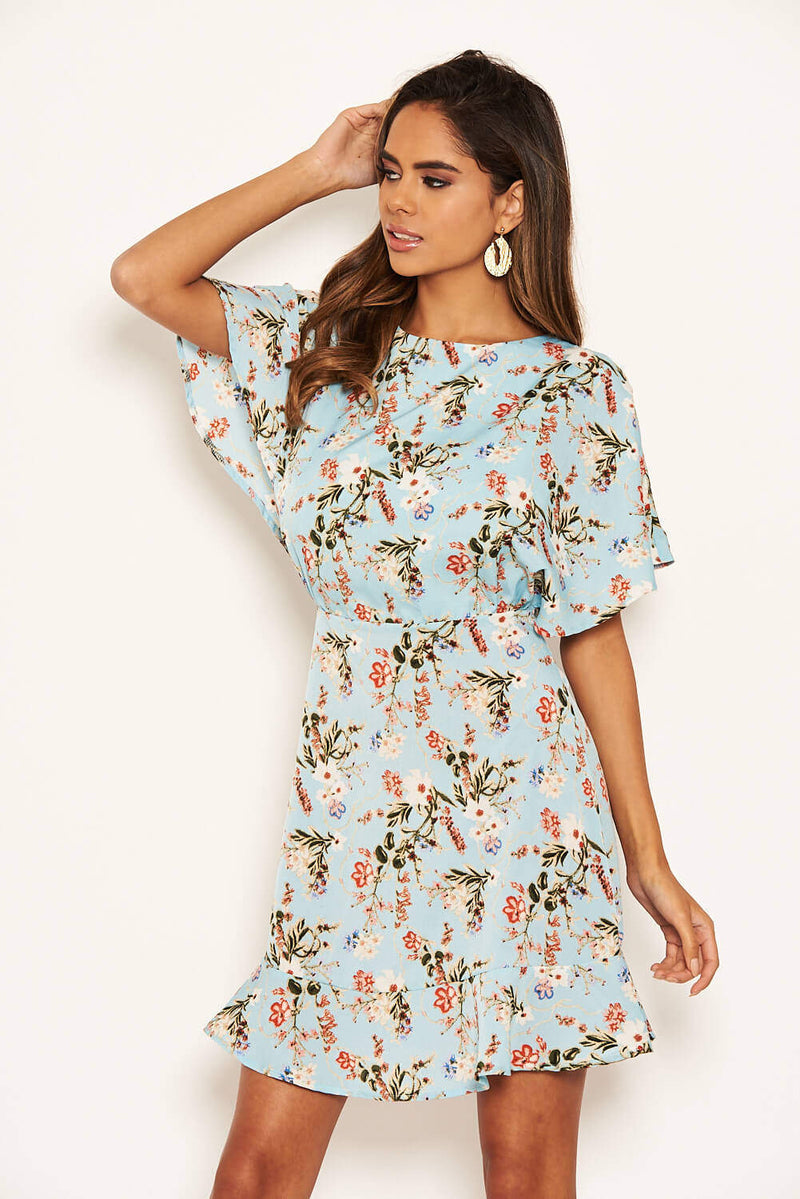 Blue Floral Print Cross Back Dress