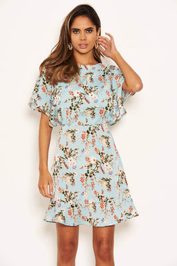 Blue Floral Print Cross Back Dress
