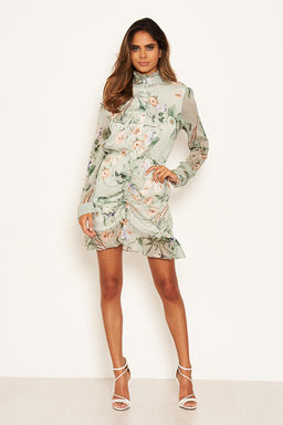 Mint Floral Button Front Long Sleeve Dress