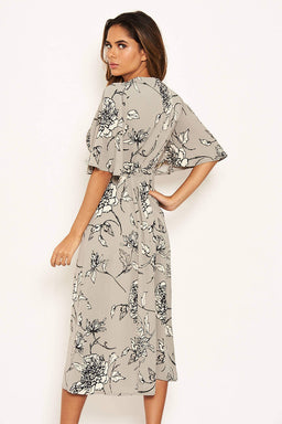 Grey Floral Gathered Split Midi Dress