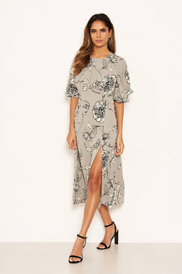 Grey Floral Gathered Split Midi Dress
