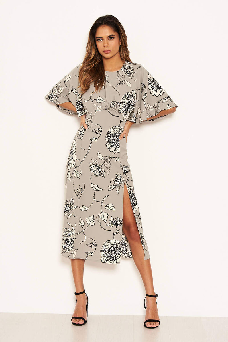 Grey Floral Gathered Split Midi Dress