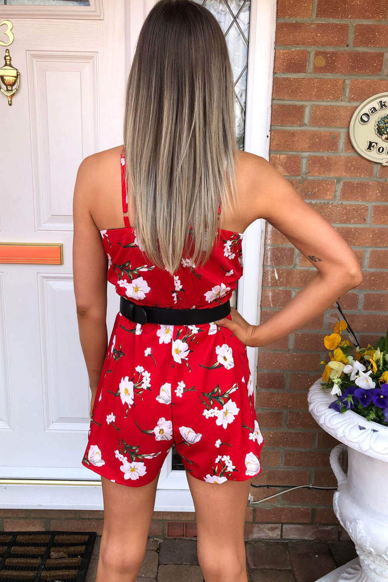 Red Floral Printed Playsuit