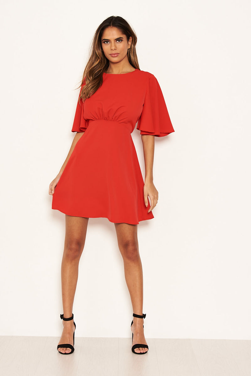 Red Gathered Waist Skater Dress