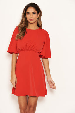 Red Gathered Waist Skater Dress