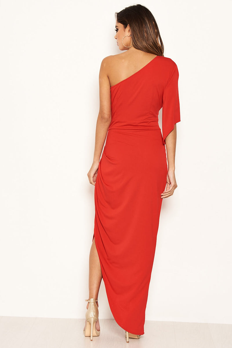 Red One Shoulder Asymmetric Split Dress
