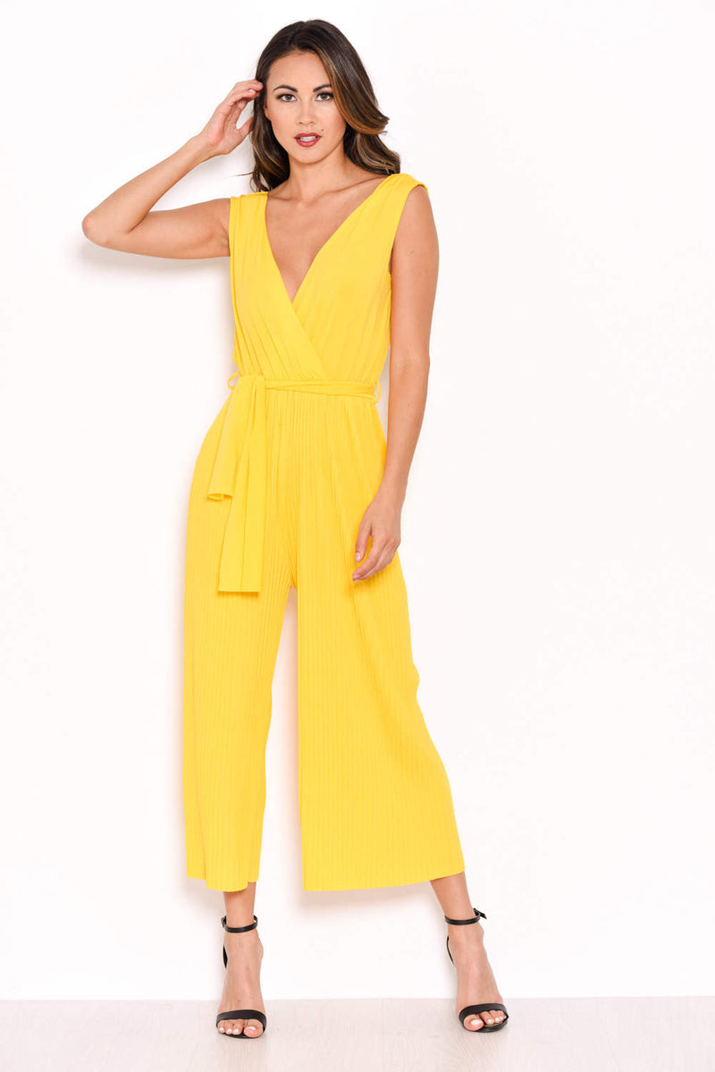 Yellow Culotte Pleated Tie-Waist Jumpsuit