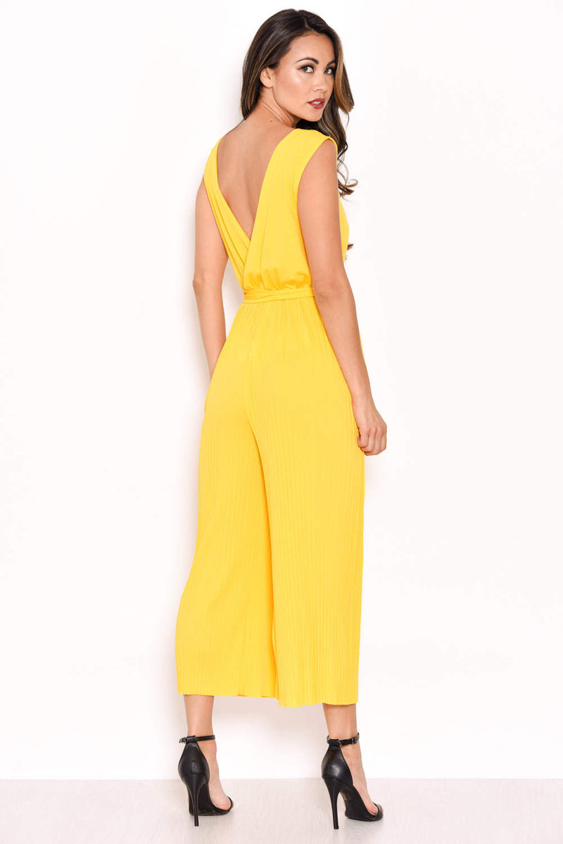 Yellow Culotte Pleated Tie-Waist Jumpsuit