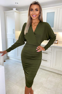 Olive Ruched Wrap Top Midi Dress
