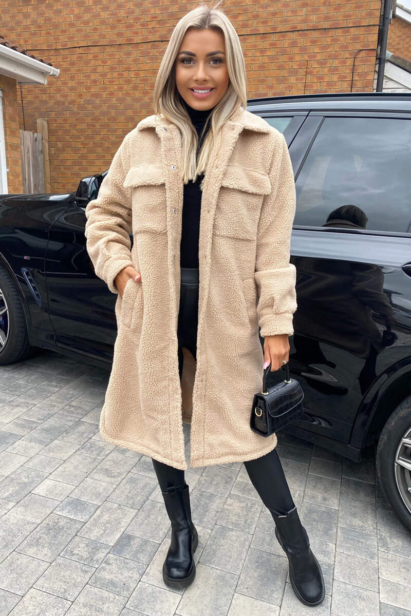 Oatmeal Oversized Teddy Faux Fur Front Pocket Coat