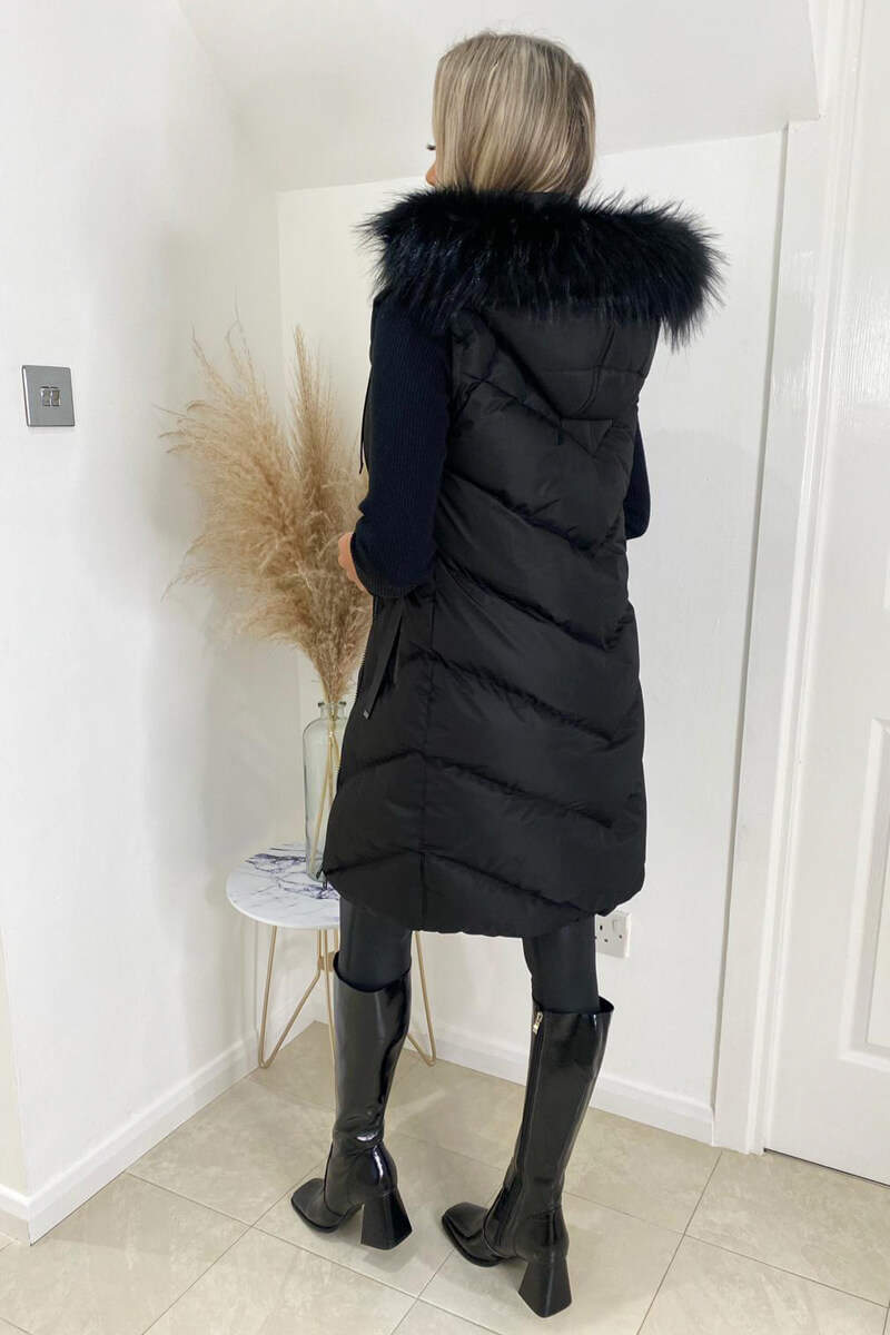 Black Faux Fur Hooded Gilet