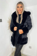 Black Faux Fur Trim Belted Jacket